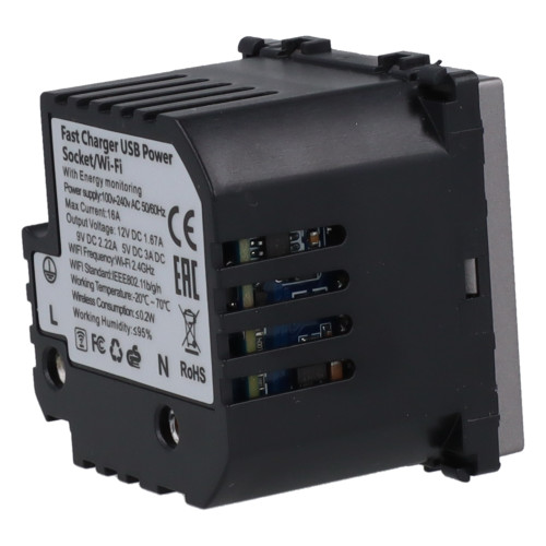 Moduł gniazda elektrycznego z bolcem 230V z pomiarem energii WiFi + USB C+C 20W szary