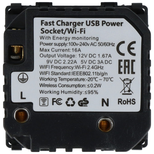 Moduł gniazda elektrycznego Schuko (bez bolca) 230V z pomiarem energii WiFi + USB C+C 20W czarny