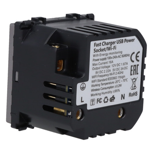 Moduł gniazda elektrycznego Schuko (bez bolca) 230V z pomiarem energii WiFi + USB C+C 20W szary