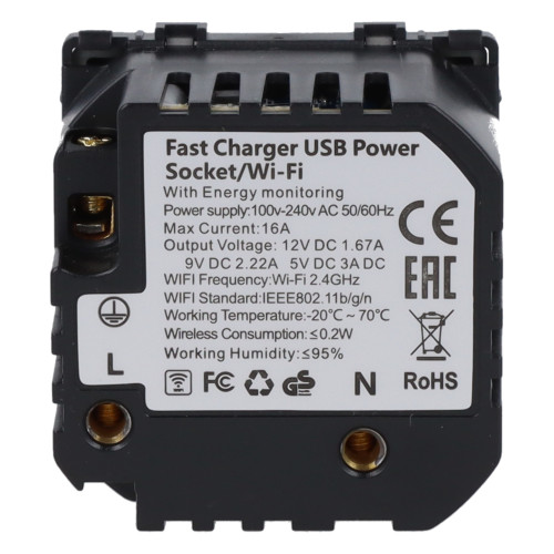 Moduł gniazda elektrycznego Schuko (bez bolca) 230V z pomiarem energii WiFi + USB C+C 20W szary