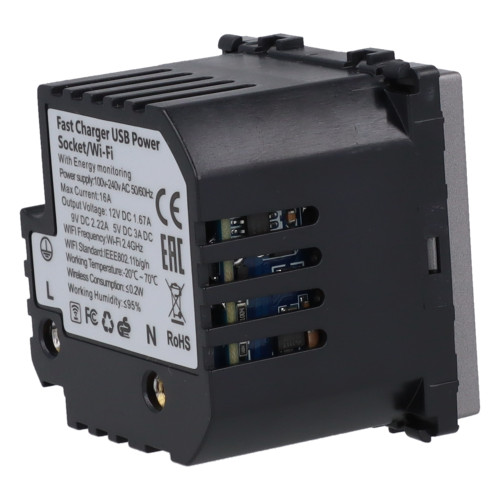 Moduł gniazda elektrycznego Schuko (bez bolca) 230V z pomiarem energii WiFi + USB C+C 20W szary