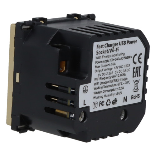 Moduł gniazda elektrycznego Schuko (bez bolca) 230V z pomiarem energii WiFi + USB C+C 20W złoty