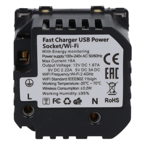 Moduł gniazda elektrycznego Schuko (bez bolca) 230V z pomiarem energii WiFi + USB C+C 20W złoty