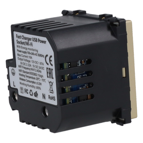 Moduł gniazda elektrycznego Schuko (bez bolca) 230V z pomiarem energii WiFi + USB C+C 20W złoty