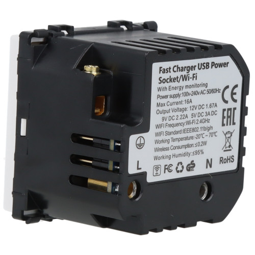 Moduł gniazda elektrycznego z bolcem 230V z pomiarem energii WiFi + USB A+C 20W biały