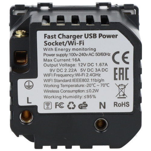 Moduł gniazda elektrycznego z bolcem 230V z pomiarem energii WiFi + USB A+C 20W biały