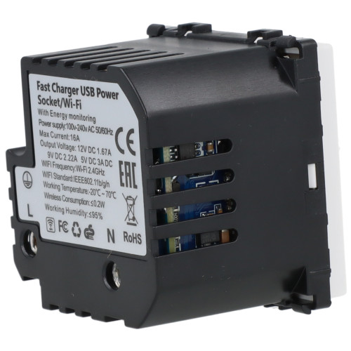 Moduł gniazda elektrycznego z bolcem 230V z pomiarem energii WiFi + USB A+C 20W biały