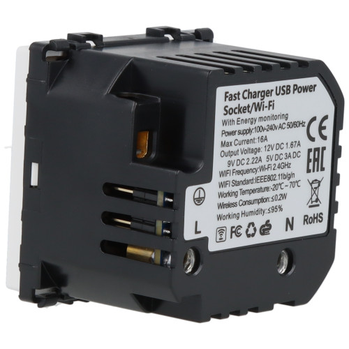 Moduł gniazda elektrycznego Schuko (bez bolca) 230V z pomiarem energii WiFi + USB A+C 20W biały