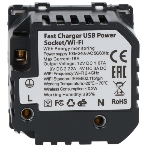 Moduł gniazda elektrycznego Schuko (bez bolca) 230V z pomiarem energii WiFi + USB A+C 20W biały