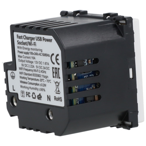 Moduł gniazda elektrycznego Schuko (bez bolca) 230V z pomiarem energii WiFi + USB A+C 20W biały
