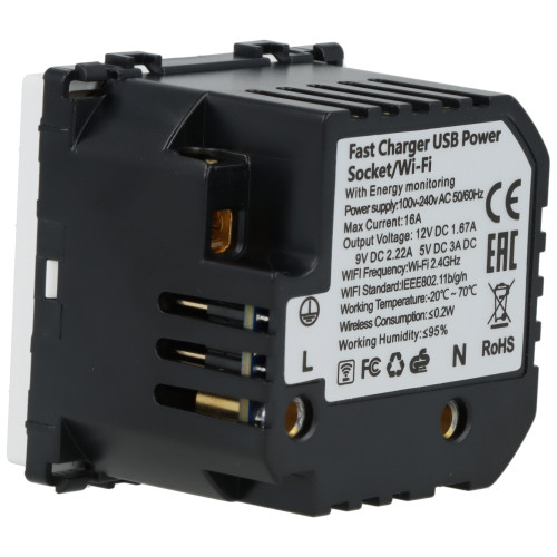 Moduł gniazda elektrycznego z bolcem 230V z pomiarem energii WiFi + USB C+C 20W biały