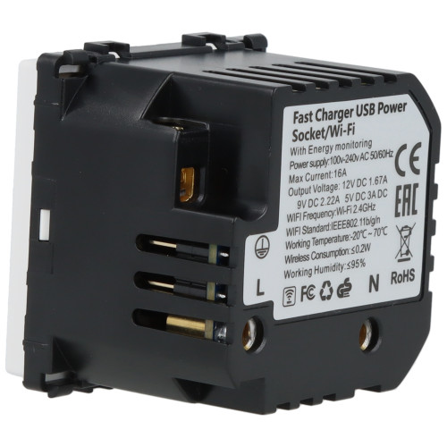 Moduł gniazda elektrycznego Schuko (bez bolca) 230V z pomiarem energii WiFi + USB C+C 20W biały