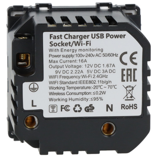 Moduł gniazda elektrycznego Schuko (bez bolca) 230V z pomiarem energii WiFi + USB C+C 20W biały