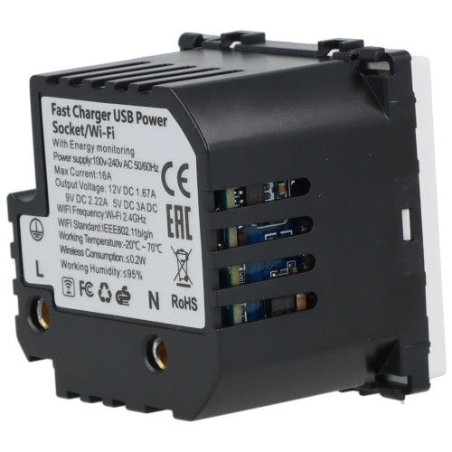 Moduł gniazda elektrycznego Schuko (bez bolca) 230V z pomiarem energii WiFi + USB C+C 20W biały