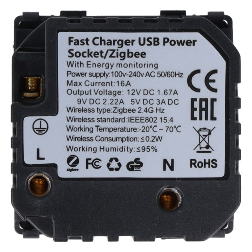 Moduł gniazda elektrycznego z bolcem 230V z pomiarem energii ZigBee + USB A+C 20W czarny