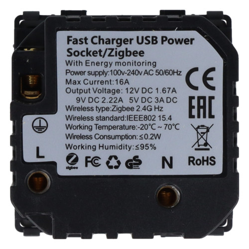 Moduł gniazda elektrycznego z bolcem 230V z pomiarem energii ZigBee + USB A+C 20W szary