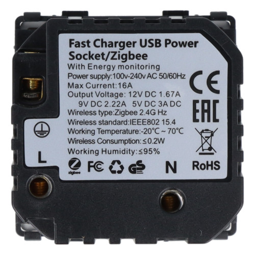 Moduł gniazda elektrycznego Schuko (bez bolca) 230V z pomiarem energii ZigBee + USB A+C 20W biały