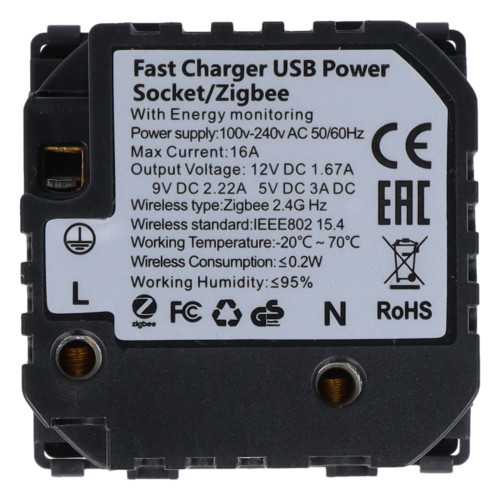 Moduł gniazda elektrycznego Schuko (bez bolca) 230V z pomiarem energii ZigBee + USB A+C 20W czarny