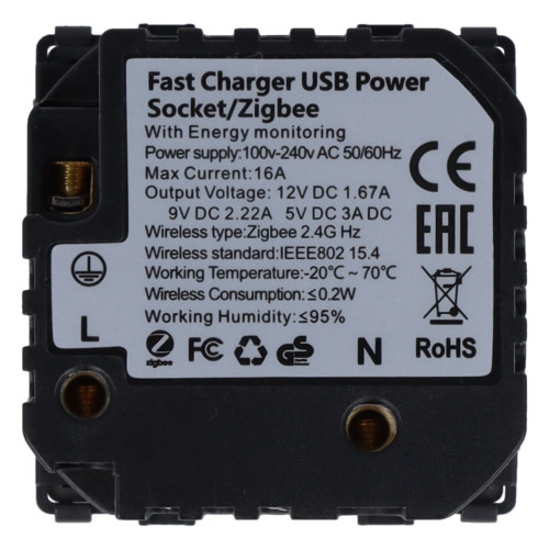 Moduł gniazda elektrycznego Schuko (bez bolca) 230V z pomiarem energii ZigBee + USB A+C 20W szary