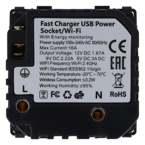 Moduł gniazda elektrycznego z bolcem 230V z pomiarem energii WiFi + USB A+C 20W szary