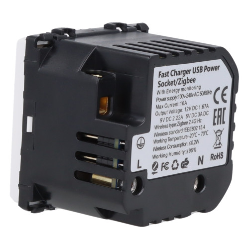 Moduł gniazda elektrycznego z bolcem 230V z pomiarem energii ZigBee + USB A+C 20W biały