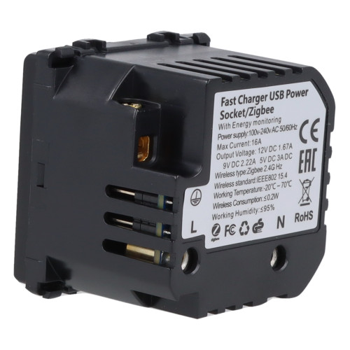 Moduł gniazda elektrycznego z bolcem 230V z pomiarem energii ZigBee + USB A+C 20W czarny