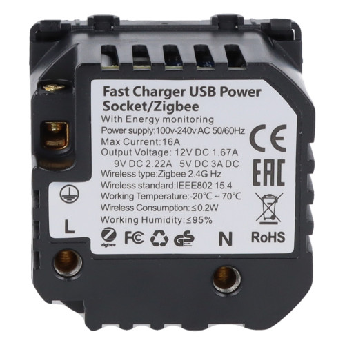 Moduł gniazda elektrycznego z bolcem 230V z pomiarem energii ZigBee + USB A+C 20W czarny