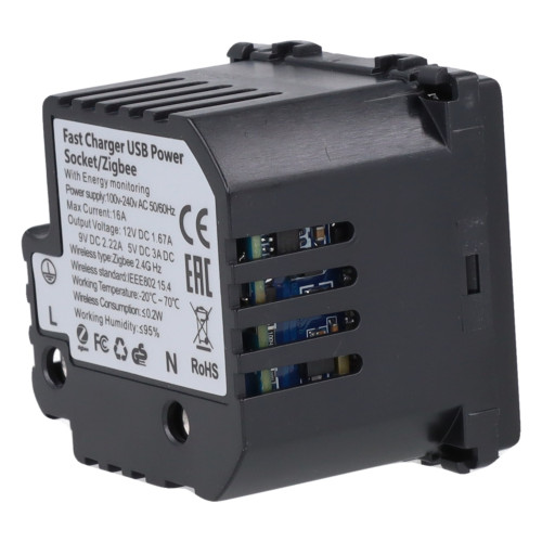 Moduł gniazda elektrycznego z bolcem 230V z pomiarem energii ZigBee + USB A+C 20W czarny