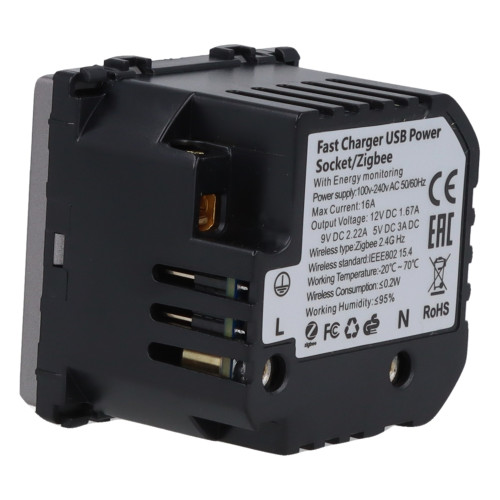 Moduł gniazda elektrycznego z bolcem 230V z pomiarem energii ZigBee + USB A+C 20W szary