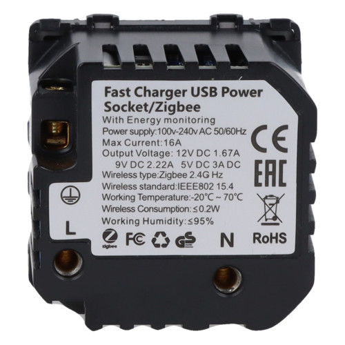 Moduł gniazda elektrycznego z bolcem 230V z pomiarem energii ZigBee + USB A+C 20W szary