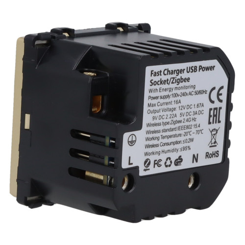 Moduł gniazda elektrycznego z bolcem 230V z pomiarem energii ZigBee + USB A+C 20W złoty