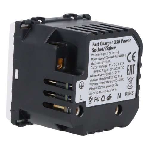 Moduł gniazda elektrycznego Schuko (bez bolca) 230V z pomiarem energii ZigBee + USB A+C 20W biały
