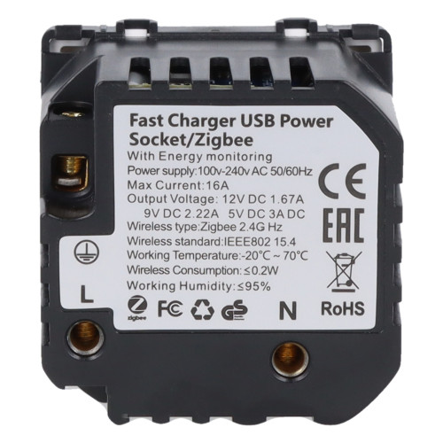 Moduł gniazda elektrycznego Schuko (bez bolca) 230V z pomiarem energii ZigBee + USB A+C 20W biały