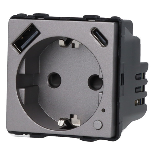 Moduł gniazda elektrycznego Schuko (bez bolca) 230V z pomiarem energii ZigBee + USB A+C 20W szary