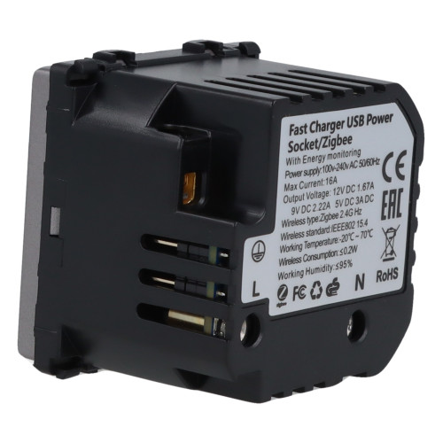 Moduł gniazda elektrycznego Schuko (bez bolca) 230V z pomiarem energii ZigBee + USB A+C 20W szary