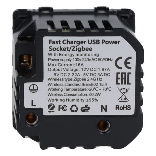 Moduł gniazda elektrycznego Schuko (bez bolca) 230V z pomiarem energii ZigBee + USB A+C 20W szary