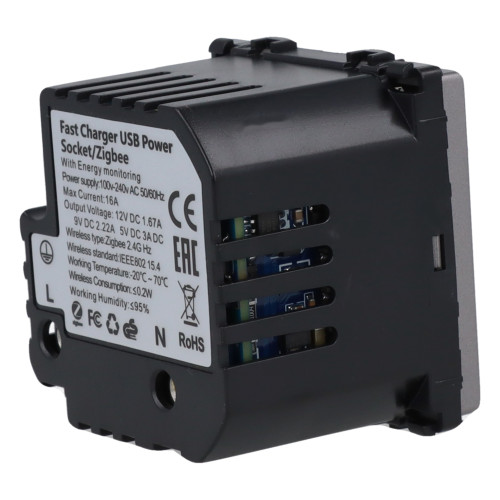 Moduł gniazda elektrycznego Schuko (bez bolca) 230V z pomiarem energii ZigBee + USB A+C 20W szary