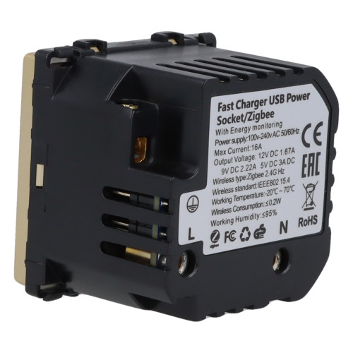 Moduł gniazda elektrycznego Schuko (bez bolca) 230V z pomiarem energii ZigBee + USB A+C 20W złoty