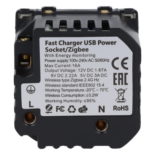 Moduł gniazda elektrycznego Schuko (bez bolca) 230V z pomiarem energii ZigBee + USB A+C 20W złoty