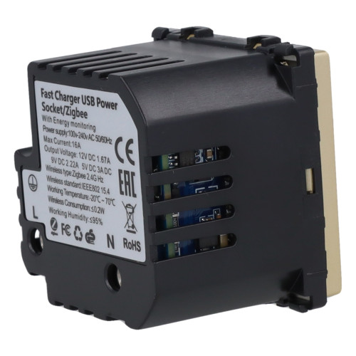 Moduł gniazda elektrycznego Schuko (bez bolca) 230V z pomiarem energii ZigBee + USB A+C 20W złoty