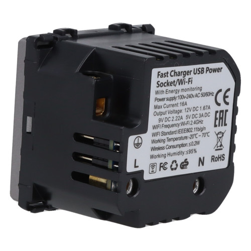 Moduł gniazda elektrycznego z bolcem 230V z pomiarem energii WiFi + USB A+C 20W szary