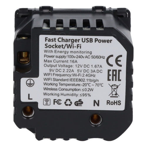 Moduł gniazda elektrycznego z bolcem 230V z pomiarem energii WiFi + USB A+C 20W szary