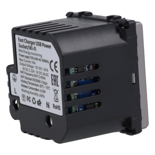 Moduł gniazda elektrycznego z bolcem 230V z pomiarem energii WiFi + USB A+C 20W szary
