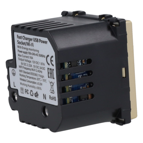 Moduł gniazda elektrycznego z bolcem 230V z pomiarem energii WiFi + USB A+C 20W złoty