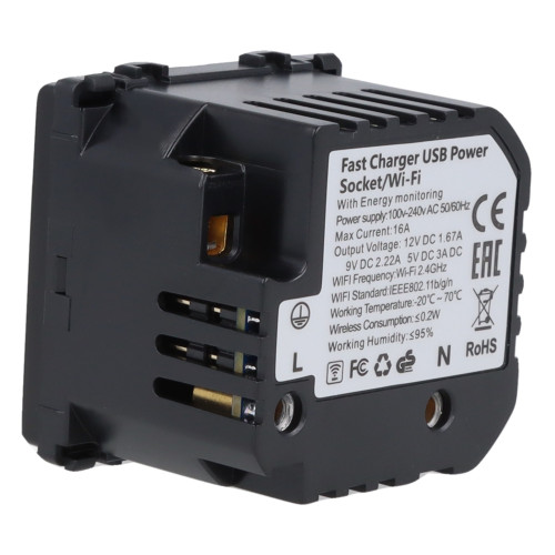 Moduł gniazda elektrycznego Schuko (bez bolca) 230V z pomiarem energii WiFi + USB C+C 20W czarny