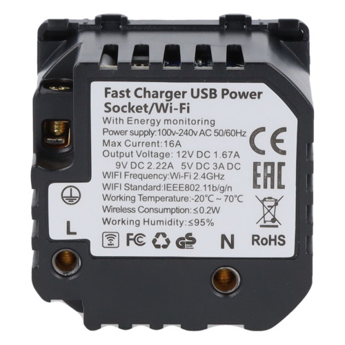 Moduł gniazda elektrycznego Schuko (bez bolca) 230V z pomiarem energii WiFi + USB C+C 20W czarny