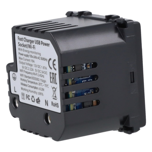Moduł gniazda elektrycznego Schuko (bez bolca) 230V z pomiarem energii WiFi + USB C+C 20W czarny