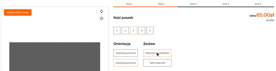 Konfigurator, krok 4: liczba puszek, orientacja i wybór zestawu z gniazdkami