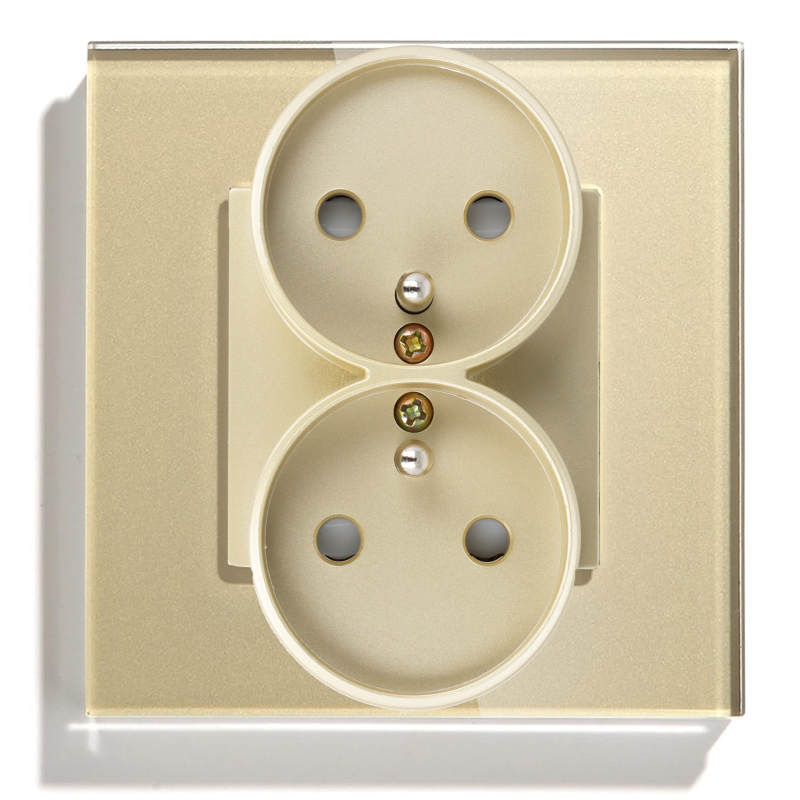 Gniazdo elektryczne z bolcem 230V podwójne złote z ramką szklaną